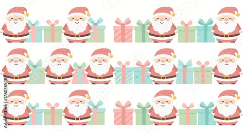 Cute Santa Claus and Gift Boxes Christmas Pattern.