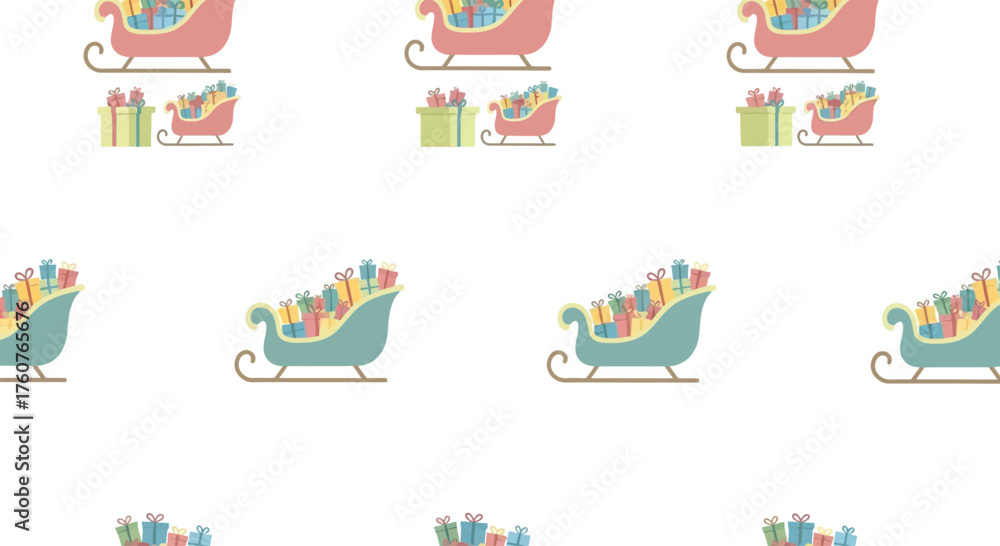 Obraz premium Seamless pattern of colorful Christmas sleighs filled with presents.