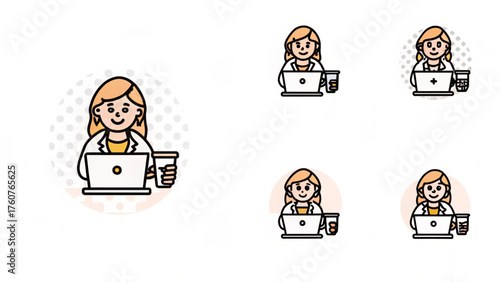 Cheerful Young Woman Working on Laptop with Coffee Mug Illustration