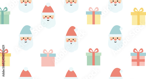 Cute Santa Claus faces and festive gift boxes seamless pattern.