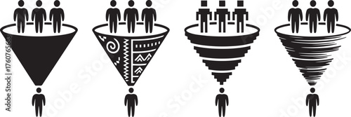 Sales funnel icons with people figures, depicting customer acquisition and conversion processes in various styles