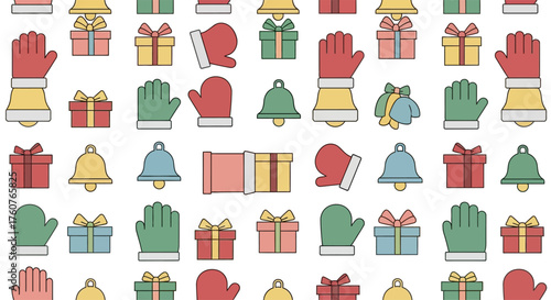 Christmas Icons Pattern of Gifts Mittens and Bells.