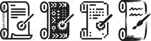 Scroll Document with Pen Icon Set Ancient Paper Contract Agreement Signature