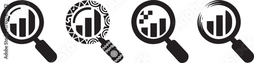 Set of Four Magnifying Glass Icons with Bar Graph Inside Representing Data Analysis and Research
