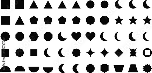 Geometric Shapes Collection Square, Triangle, Circle, Moon, Heart on White Background