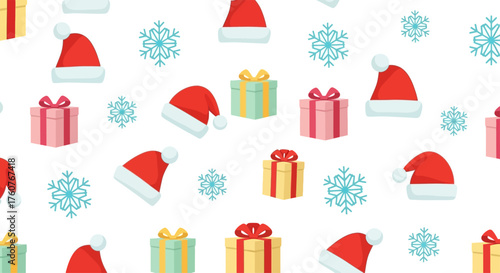 Festive seamless Christmas pattern with Santa hats gift boxes and snowflakes.