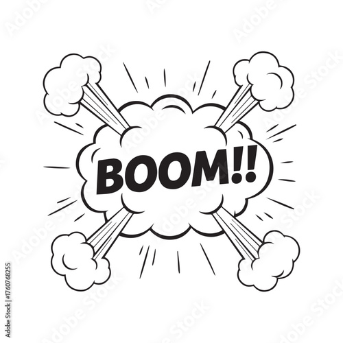 Boom comic book sound effect with explosion cloud. Pop art style black and white onomatopoeia vector illustration isolated on a transparent background.
