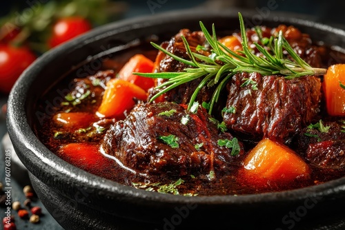 Close-up of hearty beef stew in black bowl with tender meat, bright carrots, rich sauce and sprig of rosemary garnish, served on slate surface