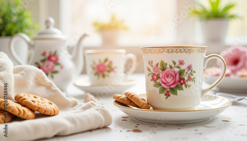 Wallpaper Mural Tea set with floral design and cookies on dining table in morning   Torontodigital.ca
