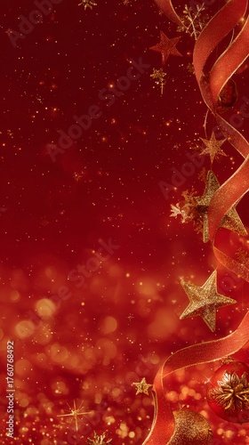 Festive Holiday Decoration With Red Background and Golden Stars and Ribbons Shining Bright