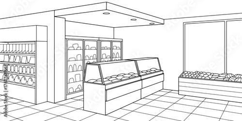 Grocery store shop interior black white graphic sketch illustration vector 