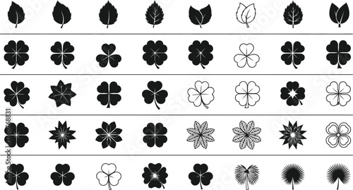 Leaves And Clovers Silhouettes Collection Isolated on White Background Various Botanical Designs