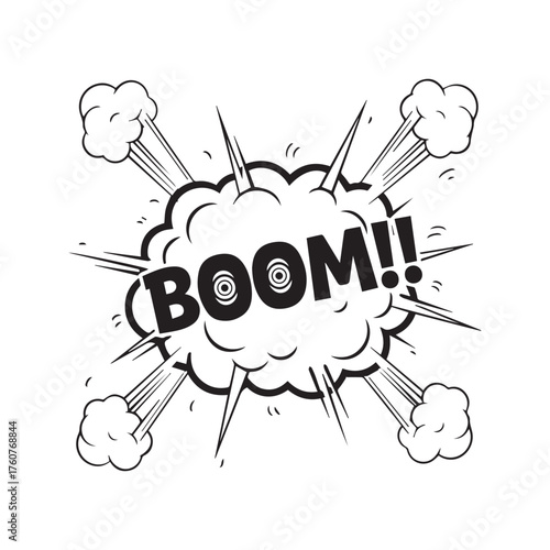 Boom comic book sound effect with explosion cloud. Pop art style black and white onomatopoeia vector illustration isolated on a transparent background.
