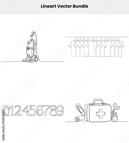 Line Art Bundle Vacuum, Shirts, Numbers, First Aid Kit on Transparent BG