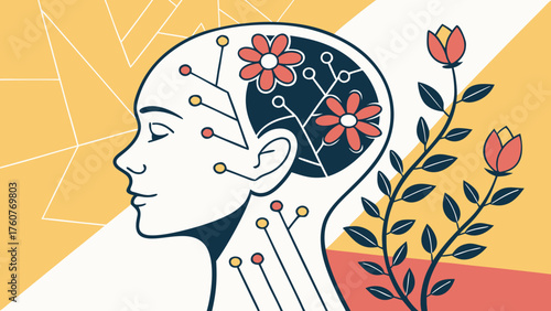 Human mind blooming with flowers symbolizing mental health, positive thinking and emotional growth