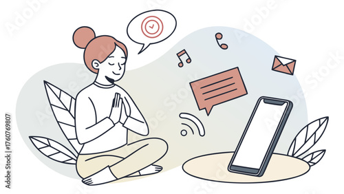 Woman practicing digital detox and mindfulness by meditating near smartphone with social media notifications