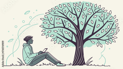 Young person sitting under a tree using smartphone, combining nature with digital technology in peaceful setting