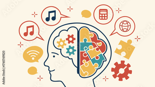 Human brain filled with colorful gears and puzzle pieces symbolizing creativity, logic, learning and cognitive functions