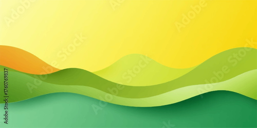 Abstract flowing landscape with rolling green hills under a bright yellow sky