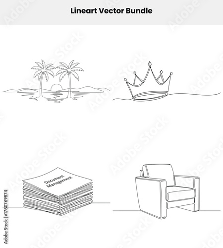 Line Art Bundle with Palm Trees, Crown, Documents, Armchair on White