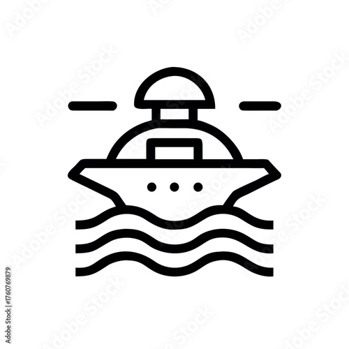 Modern interstellar vessel flying over distant world Line Art Vector illustration