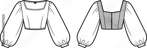 Cropped blouse sketch, square neckline, puff sleeves with cuffs, shirred back panel, fitted bodice, front and back technical fashion illustration