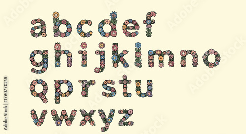 Floral alphabet letters formed by small decorative elements and flowers.