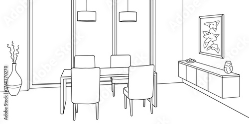 Dining room home interior graphic black white sketch illustration vector 