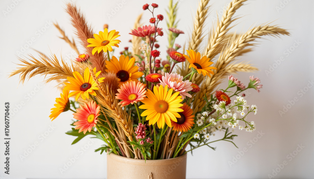 Obraz premium Colorful flower arrangement in a decorative vase on a neutral background 