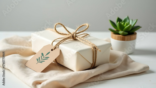 Wrapped gift with tag and succulent isolated on white background, a present for a special occasion or celebration