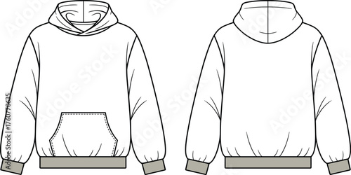Hooded sweatshirt technical flat sketch, front and back view, hoodie vector, drawstring hood, kangaroo pocket, ribbed cuffs, garment construction CAD