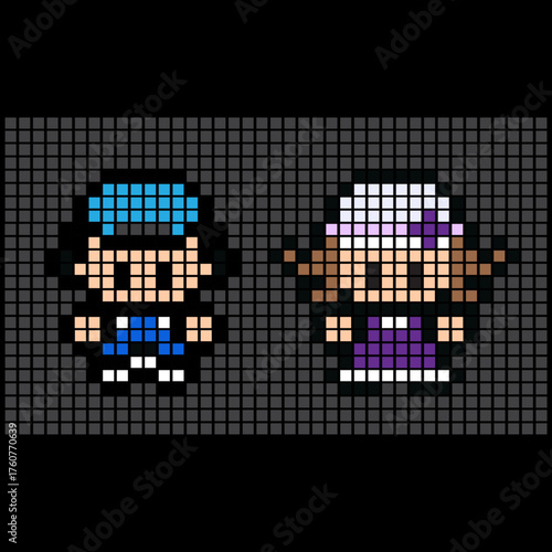 Pixel art characters of boy and girl in retro game style
