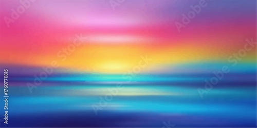 Vibrant abstract sunset over calm water with blurry horizon and colorful sky