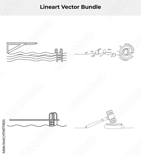 Line Art Collection of Swimming Pool, Email Symbol, Court Gavel on White Backdrop