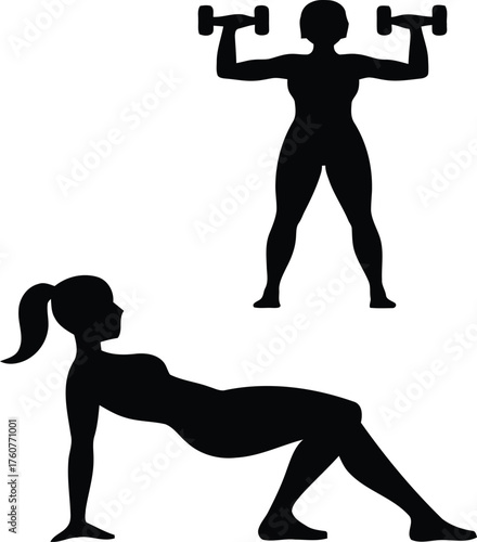 Woman silhouette doing fitness exercise, Female workout pose black silhouette, Fitness woman training vector illustration