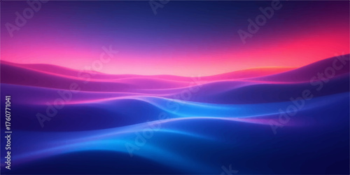Abstract landscape of rolling hills with vibrant neon blue and pink light