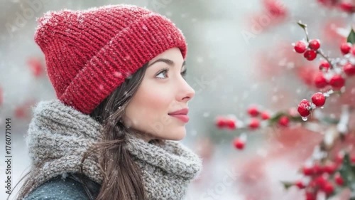 This video captures a woman enjoying a peaceful winter day. Her cozy attire and the snowy landscape create a warm atmosphere. Ideal for seasonal content. AI