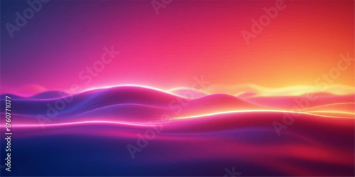 Vibrant neon glowing waves of light in a surreal landscape at sunset