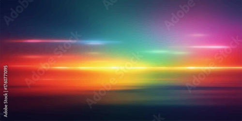 Vibrant abstract background with horizontal light streaks and bokeh effects in rainbow colors