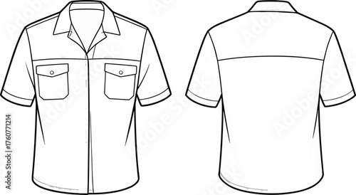 Short sleeve button-up shirt sketch, classic collar, flap chest pockets, cuffed sleeves, back yoke, front and back technical fashion illustration