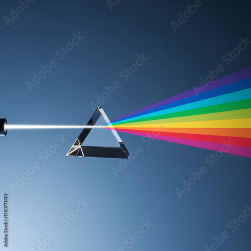 A prism refracting a beam of white light into a vibrant rainbow spectrum against a blue background.