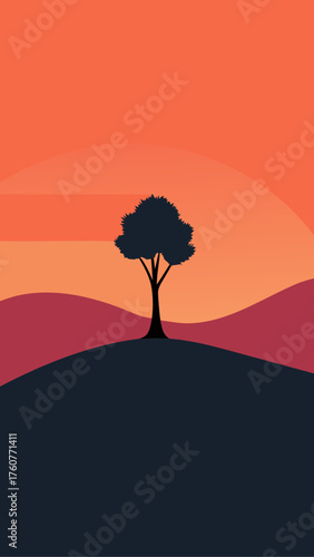 Minimalist silhouette tree on hilltop during sunset