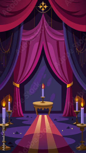 Mysterious dimly lit room with velvet curtains and candles