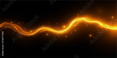Abstract glowing orange energy wave with sparkling particles on a dark background