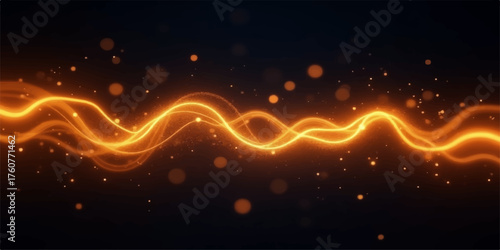 Vibrant orange energy wave with glowing particles and bokeh on a dark background