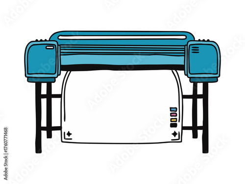 Hand drawn doodle illustration of a large format printer or plotter. Simple line art design for printing, design, or architecture themes.
