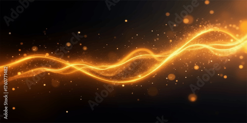 Abstract glowing orange energy wave with sparkling particles on a dark background