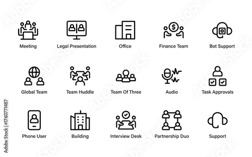 A modern set of business and teamwork icons featuring partnerships, meetings, and support. Perfect for corporate presentations, websites, and marketing materials on any project.