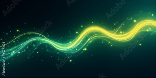 Abstract glowing wavy energy lines in vibrant green and yellow light against a dark background