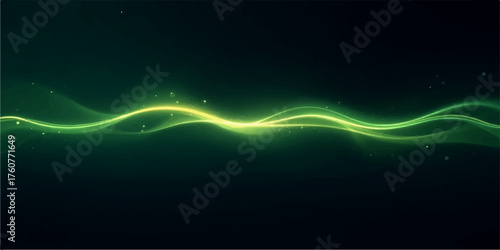 Abstract glowing green energy wave pulsing with light particles on a dark background